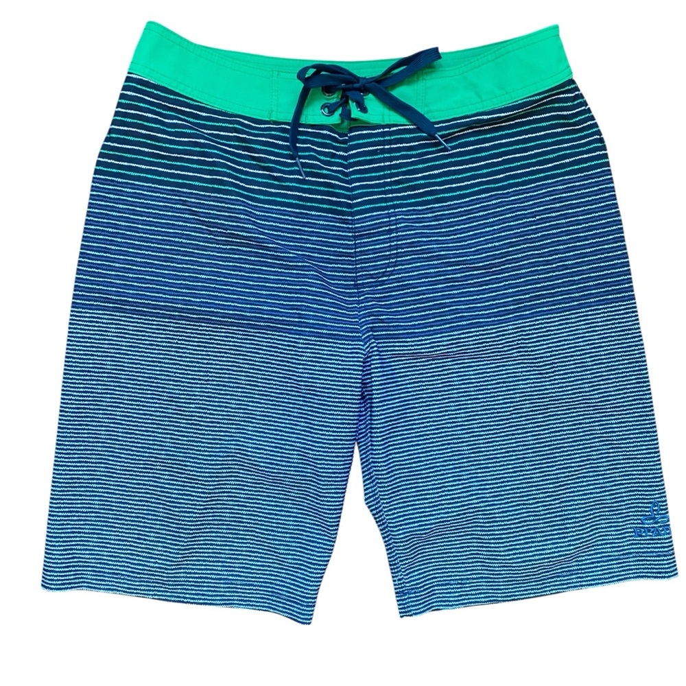 Prana Board Shorts Mens 32 Beach Swim Surf Blue Green Striped Tie Waist 9.5 Inch